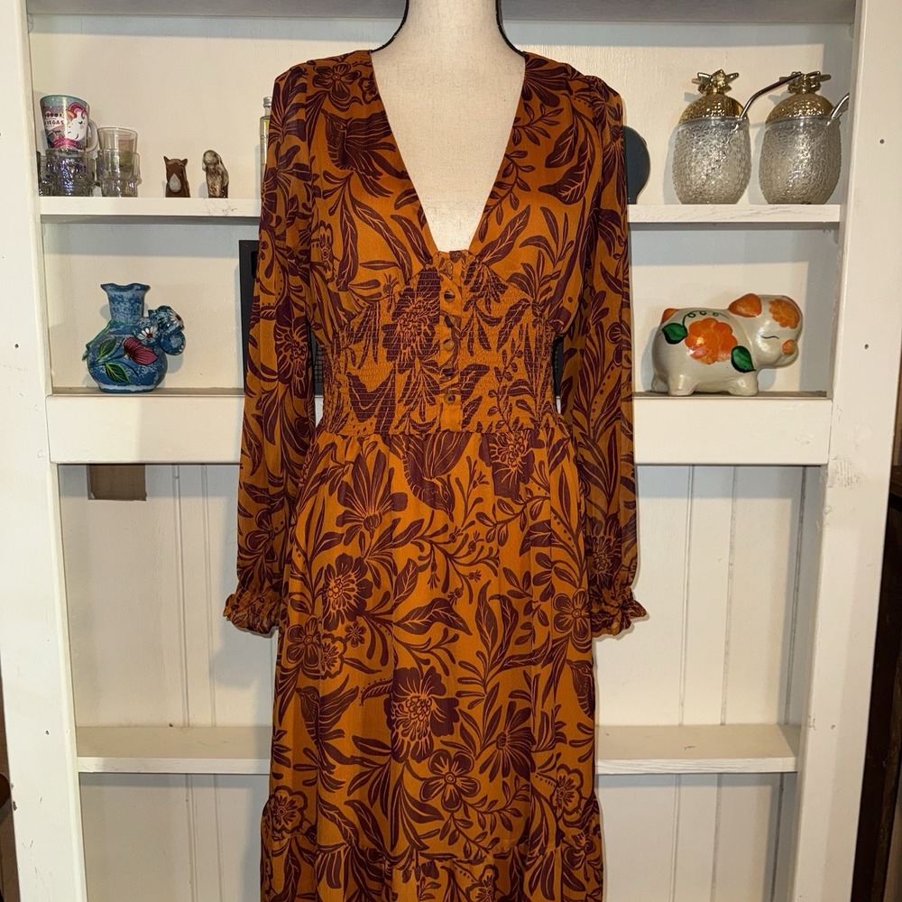 Patrons Of Peace Large Orange Floral Long Sleeve Maxi Dress